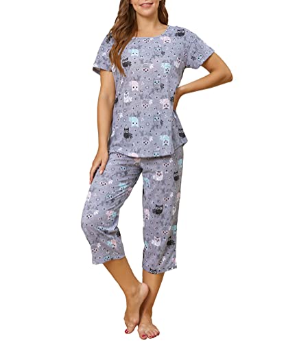 PNAEONG Women Pajama Set Sleepwear Tops with Capri Pants Casual and Fun Prints Pajama Sets SY215-Gray Owl-M