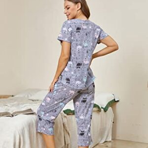 PNAEONG Women Pajama Set Sleepwear Tops with Capri Pants Casual and Fun Prints Pajama Sets SY215-Gray Owl-M