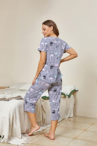 PNAEONG Women Pajama Set Sleepwear Tops with Capri Pants Casual and Fun Prints Pajama Sets SY215-Gray Owl-M