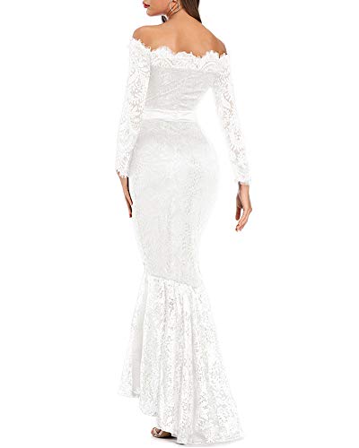 LALAGEN Women's Floral Lace Long Sleeve Off Shoulder Wedding Mermaid Dress White XL