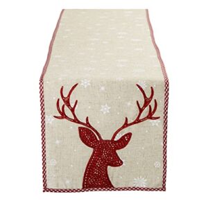 dii holiday dining table decoration embroidered christmas table runner, 14x70, red reindeer & snowflakes