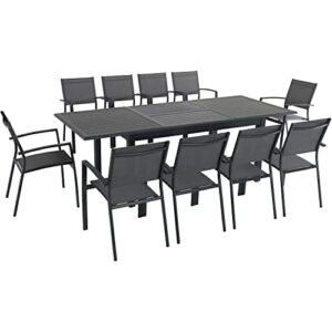 Hanover 11-Piece 40" x 94" Cameron Modern Outdoor Dining Set, 10 Stackable Sling Chairs, 40'' x 94'' Expandable Table, Durable, Weather Protected Aluminum Frame, Gray