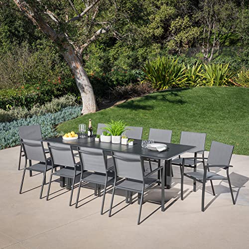 Hanover 11-Piece 40" x 94" Cameron Modern Outdoor Dining Set, 10 Stackable Sling Chairs, 40'' x 94'' Expandable Table, Durable, Weather Protected Aluminum Frame, Gray