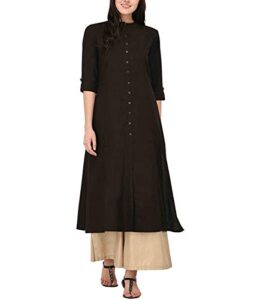 women's pure cotton plain tunic top front slit 3/4 sleeves roll-up chinese neck buttons down pocket long kurti kurta black