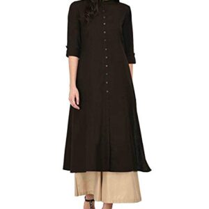 Women's Pure Cotton Plain Tunic Top Front Slit 3/4 Sleeves Roll-UP Chinese Neck Buttons Down Pocket Long Kurti Kurta Black