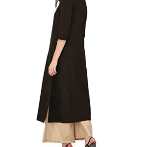 Women's Pure Cotton Plain Tunic Top Front Slit 3/4 Sleeves Roll-UP Chinese Neck Buttons Down Pocket Long Kurti Kurta Black