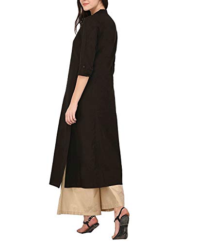 Women's Pure Cotton Plain Tunic Top Front Slit 3/4 Sleeves Roll-UP Chinese Neck Buttons Down Pocket Long Kurti Kurta Black