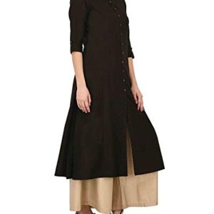 Women's Pure Cotton Plain Tunic Top Front Slit 3/4 Sleeves Roll-UP Chinese Neck Buttons Down Pocket Long Kurti Kurta Black