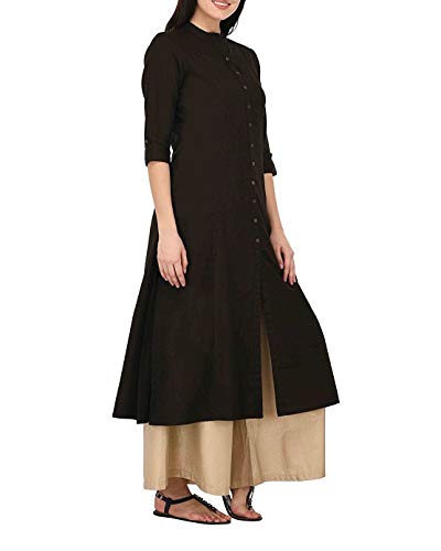 Women's Pure Cotton Plain Tunic Top Front Slit 3/4 Sleeves Roll-UP Chinese Neck Buttons Down Pocket Long Kurti Kurta Black