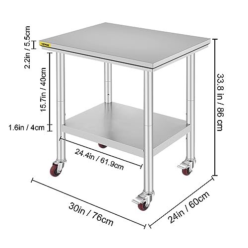 Mophorn Stainless Steel Work Table with Wheels 24 x 30 x 33.8 Inch Prep Table with 4 Casters Heavy Duty Work Table for Commercial Kitchen Restaurant Business