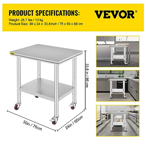 Mophorn Stainless Steel Work Table with Wheels 24 x 30 x 33.8 Inch Prep Table with 4 Casters Heavy Duty Work Table for Commercial Kitchen Restaurant Business