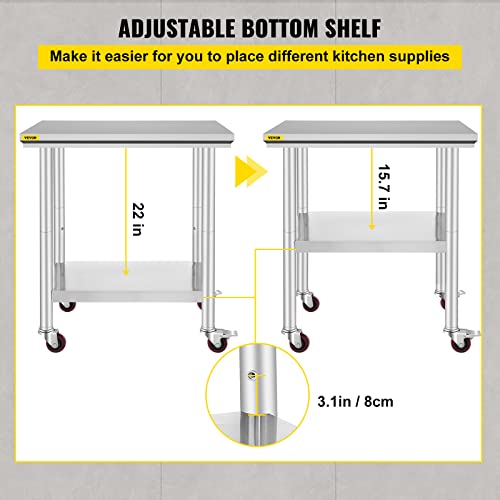 Mophorn Stainless Steel Work Table with Wheels 24 x 30 x 33.8 Inch Prep Table with 4 Casters Heavy Duty Work Table for Commercial Kitchen Restaurant Business