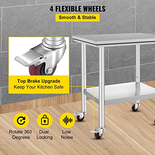 Mophorn Stainless Steel Work Table with Wheels 24 x 30 x 33.8 Inch Prep Table with 4 Casters Heavy Duty Work Table for Commercial Kitchen Restaurant Business