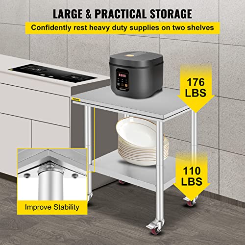 Mophorn Stainless Steel Work Table with Wheels 24 x 30 x 33.8 Inch Prep Table with 4 Casters Heavy Duty Work Table for Commercial Kitchen Restaurant Business