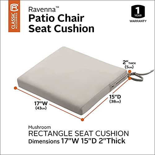 Classic Accessories Ravenna Water-Resistant 17 x 15 x 2 Inch Patio Seat Cushion, Mushroom, Chair Seat Cushion