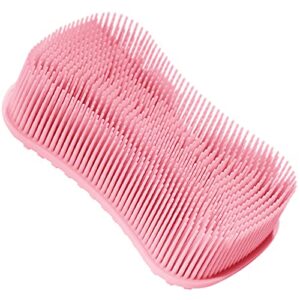 silicone body scrubber, elfrhino shower brush for gentle scrub skin exfoliation, lathers well, more hygienic, gentle massage with silicone loofah for use in shower to improve cellulite pink