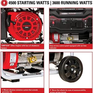 SIMPSON Cleaning SPG3645 Portable Gas Generator and Power Station for Camping, RV, Home Use, Construction, and More, 3600 Running Watts 4500 Starting Watts