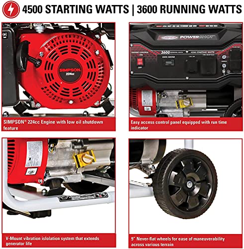 SIMPSON Cleaning SPG3645 Portable Gas Generator and Power Station for Camping, RV, Home Use, Construction, and More, 3600 Running Watts 4500 Starting Watts