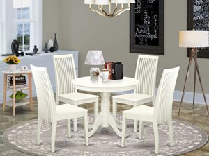 east west furniture anip5-lwh-w 5 piece modern set includes a round kitchen table with pedestal and 4 dining room chairs, 36x36 inch, linen white