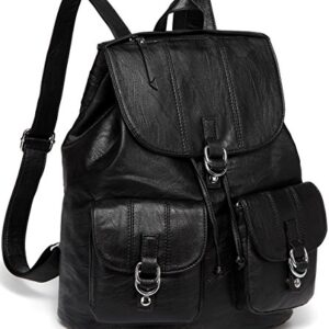 VASCHY Backpack Purse for Women, Fashion Faux Leather Buckle Flap Drawstring Backpack for College with Two Front Pockets Black