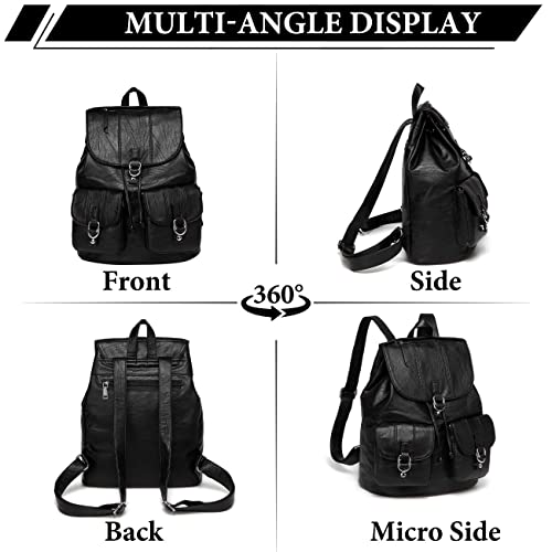 VASCHY Backpack Purse for Women, Fashion Faux Leather Buckle Flap Drawstring Backpack for College with Two Front Pockets Black