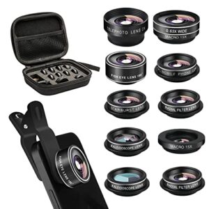 cell phone camera lens kit,11 in 1 super wide angle+ macro+ fisheye lens +telephoto+ cpl+3/6 kaleidoscope+starburst/radial/soft/flow filter lens compatible for iphone x/8/7/6s/6 plus, samsung,android