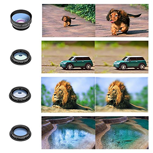 Cell Phone Camera Lens Kit,11 in 1 Super Wide Angle+ Macro+ Fisheye Lens +Telephoto+ CPL+3/6 Kaleidoscope+Starburst/Radial/Soft/Flow Filter Lens Compatible for iPhone X/8/7/6s/6 Plus, Samsung,Android