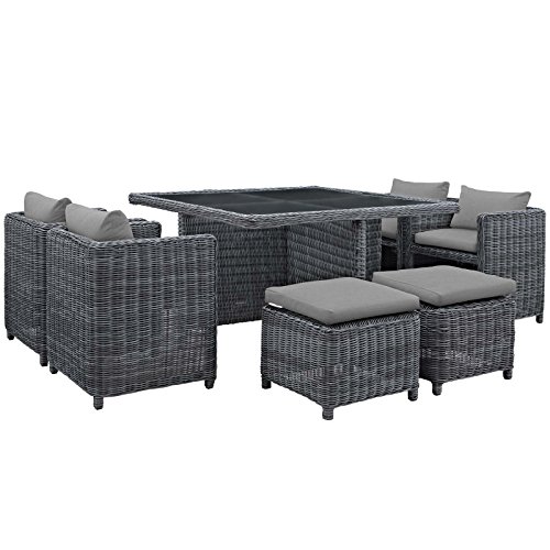 Modway Summon Wicker Rattan Outdoor Patio Sunbrella 9-pc Dining Set in Canvas Gray