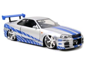 jada toys fast & furious brian’s 2002 nissan skyline r34 die-cast car, 1:24 scale, silver & blue,19808
