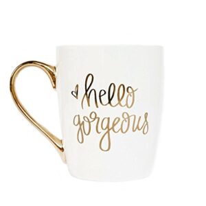 sweet water decor cute coffee mugs with golden handle | girly make up & mascara 16oz china coffee cup with quote | embellished with real gold & microwave safe (hello gorgeous)