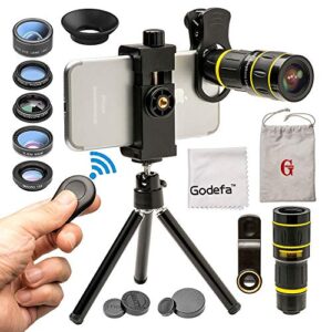 godefa cell phone camera lens with tripod+ shutter remote,6 in 1 18x telephoto zoom lens/wide angle/macro/fisheye/kaleidoscope/cpl, clip-on lense compatible for iphone x 8 7 6s plus, samsung and more