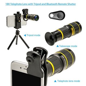 Godefa Cell Phone Camera Lens with Tripod+ Shutter Remote,6 in 1 18x Telephoto Zoom Lens/Wide Angle/Macro/Fisheye/Kaleidoscope/CPL, Clip-On lense Compatible for iPhone X 8 7 6s Plus, Samsung and More