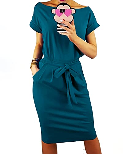 PRETTYGARDEN Women's Summer Short Sleeve Crewneck Striped Dress Basic Solid Tie Waist Office T Shirt Dresses Pockets Dark Green