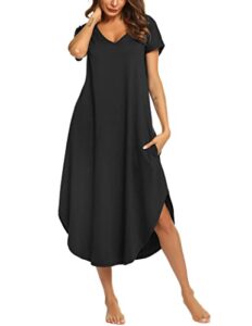 ekouaer plus size night gowns for women v neck sleepwear cotton knit loungers comfort nightgown with pockets (black,xx-large)