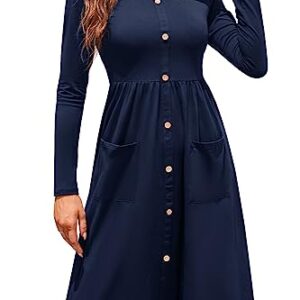 OUGES Womens Fall Long Sleeve Midi Dresses Button Down V Neck Skater Dress with Pockets 2023(Navy,XL)