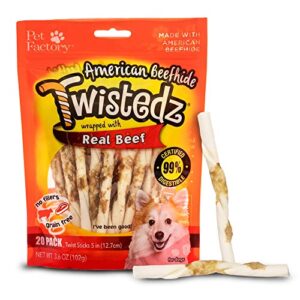 pet factory twistedz american beefhide 5" twist sticks dog chew treats w/ real beef meat wrap - 20 count/1 pack