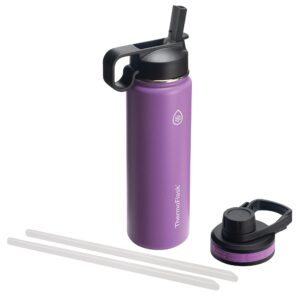 thermoflask double wall vacuum insulated stainless steel water bottle with two lids, 24 oz, plum
