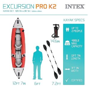 INTEX 68309EP Excursion Pro K2 Inflatable Kayak Set: Includes Deluxe 86in Aluminum Oars and High-Output Pump – SuperTough PVC – Adjustable Bucket Seat – 2-Person – 400lb Weight Capacity