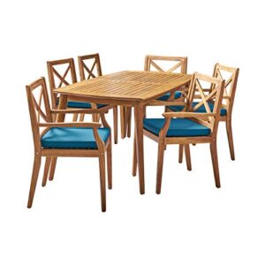 christopher knight home harvey outdoor 7 piece acacia wood dining set, teak finish/blue