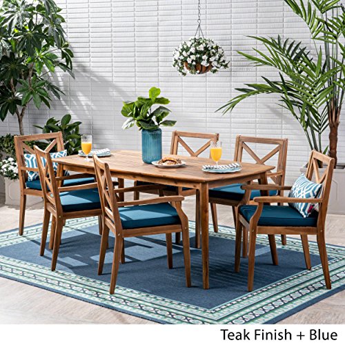 Christopher Knight Home Harvey Outdoor 7 Piece Acacia Wood Dining Set, Teak Finish/Blue