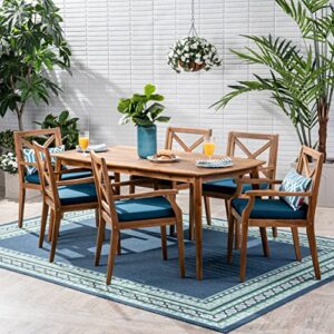 Christopher Knight Home Harvey Outdoor 7 Piece Acacia Wood Dining Set, Teak Finish/Blue