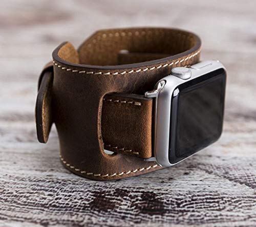 VENOULT Brown iWatch Series 8 Compatible Apple Classic Watch Cuff Bands for Man or Women 45mm, 44mm, 41mm, 40mm, Series 8-1 Dark Brown Genuine Leather Bull Strap, HANDMADE