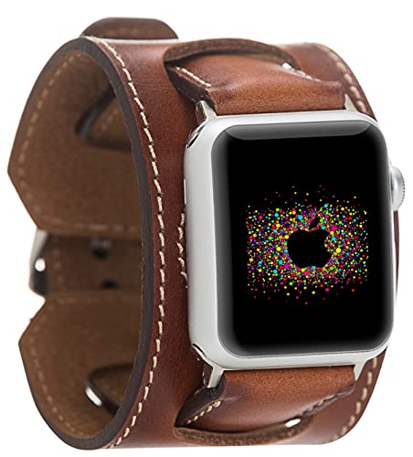 VENOULT Compatible Apple Watch Cuff Brown Leather Band for All Series iWatch Band, Man or Women, Genuine Leather Strap, High Quality, Engraving Available, HANDMADE