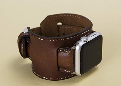 VENOULT Compatible Apple Watch Cuff Brown Leather Band for All Series iWatch Band, Man or Women, Genuine Leather Strap, High Quality, Engraving Available, HANDMADE