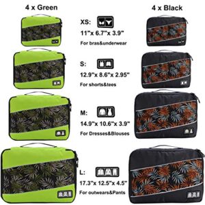 8 Set Packing Cubes, Travel Luggage Bags Organizers Mixed Color Set (Green Black)