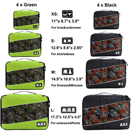 8 Set Packing Cubes, Travel Luggage Bags Organizers Mixed Color Set (Green Black)