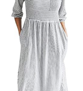 MEROKEETY Women's 3/4 Balloon Sleeve Striped High Waist T Shirt Midi Dress