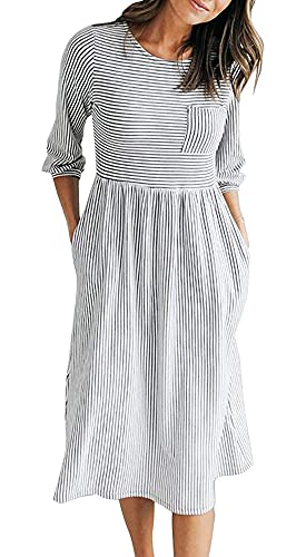 MEROKEETY Women's 3/4 Balloon Sleeve Striped High Waist T Shirt Midi Dress