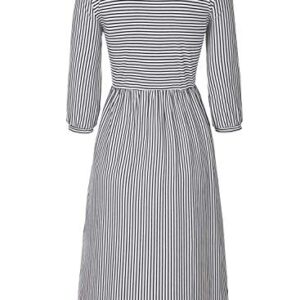 MEROKEETY Women's 3/4 Balloon Sleeve Striped High Waist T Shirt Midi Dress