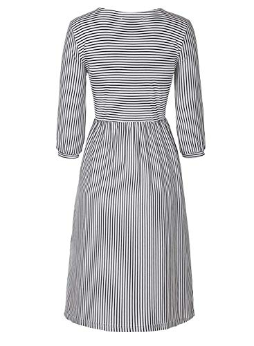 MEROKEETY Women's 3/4 Balloon Sleeve Striped High Waist T Shirt Midi Dress